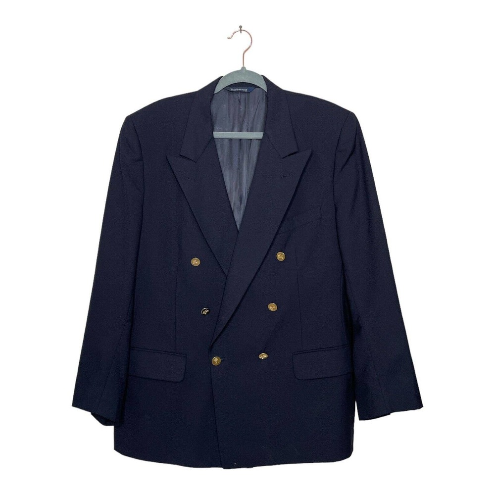 Burberry 44 Mens Navy Wool Double Breasted Peak Lapel Pocket Brass Button Blazer - Picture 1 of 10